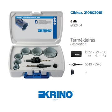 Bimetál körkivágó villanyszerelő készlet (6db) műanyag kofferban KRINO 22-64 mm