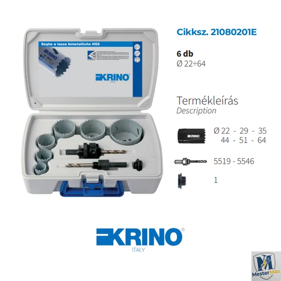 Bimetál körkivágó villanyszerelő készlet (6db) műanyag kofferban KRINO 22-64 mm