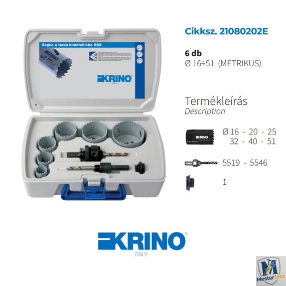 Bimetál körkivágó villanyszerelő készlet (6db) műanyag kofferban KRINO 16-51 mm