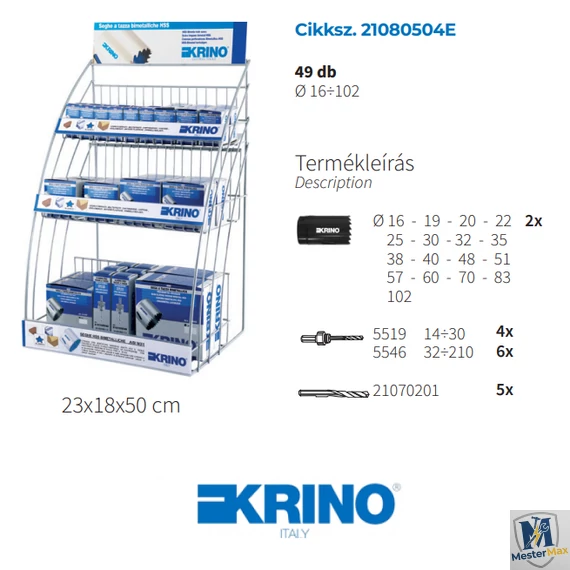 Bimetál körkivágó készlet bemutató állvánnyal (49db) KRINO 16-102 mm
